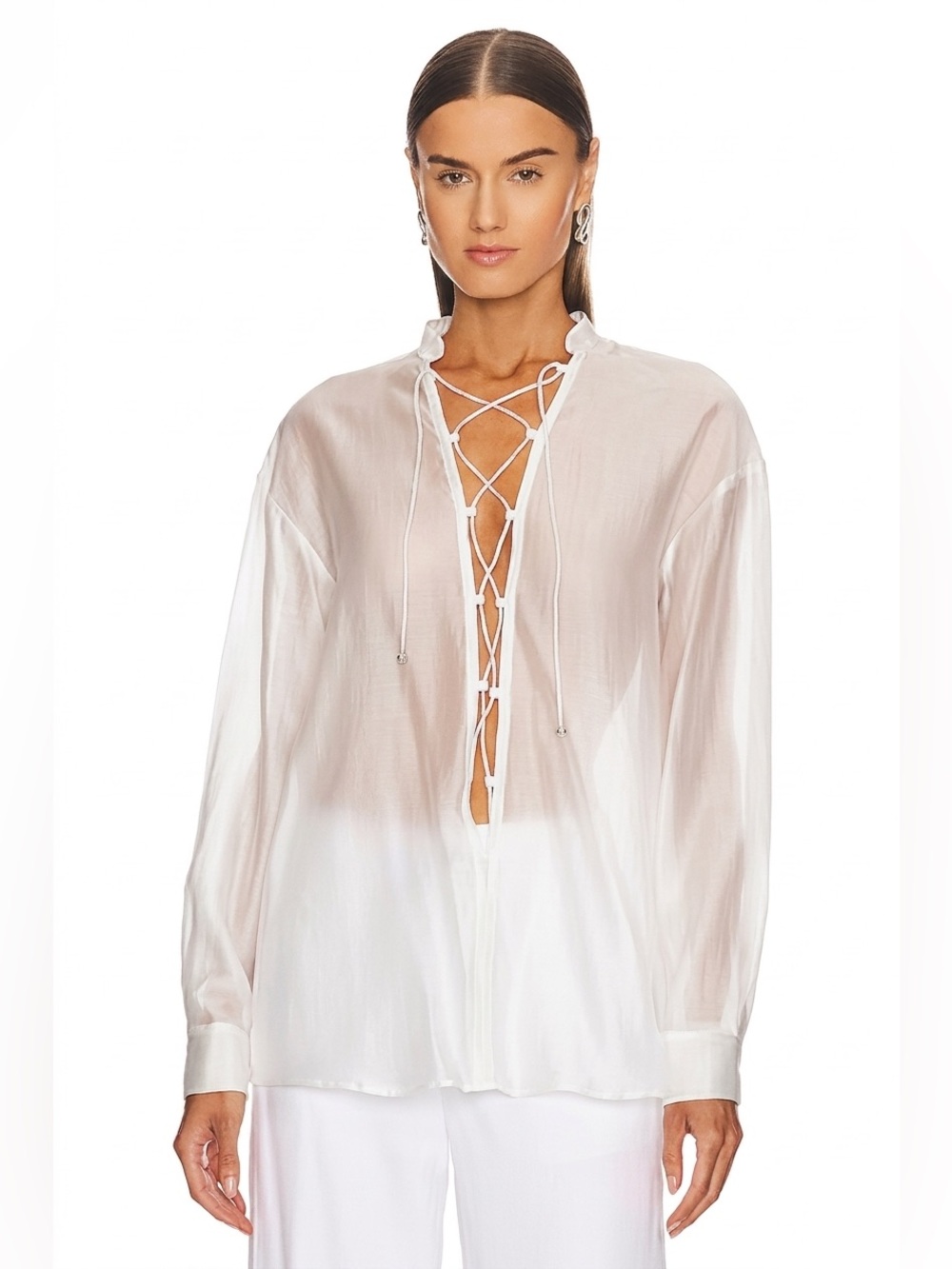 NWT CultNaked Oasis Lace Up Sheer Top in Milk White Tencel Size S